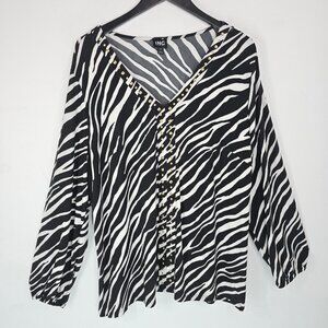 INC BLack White Zebra Striped Studded V Neck Long Sleeve Lightweight Top